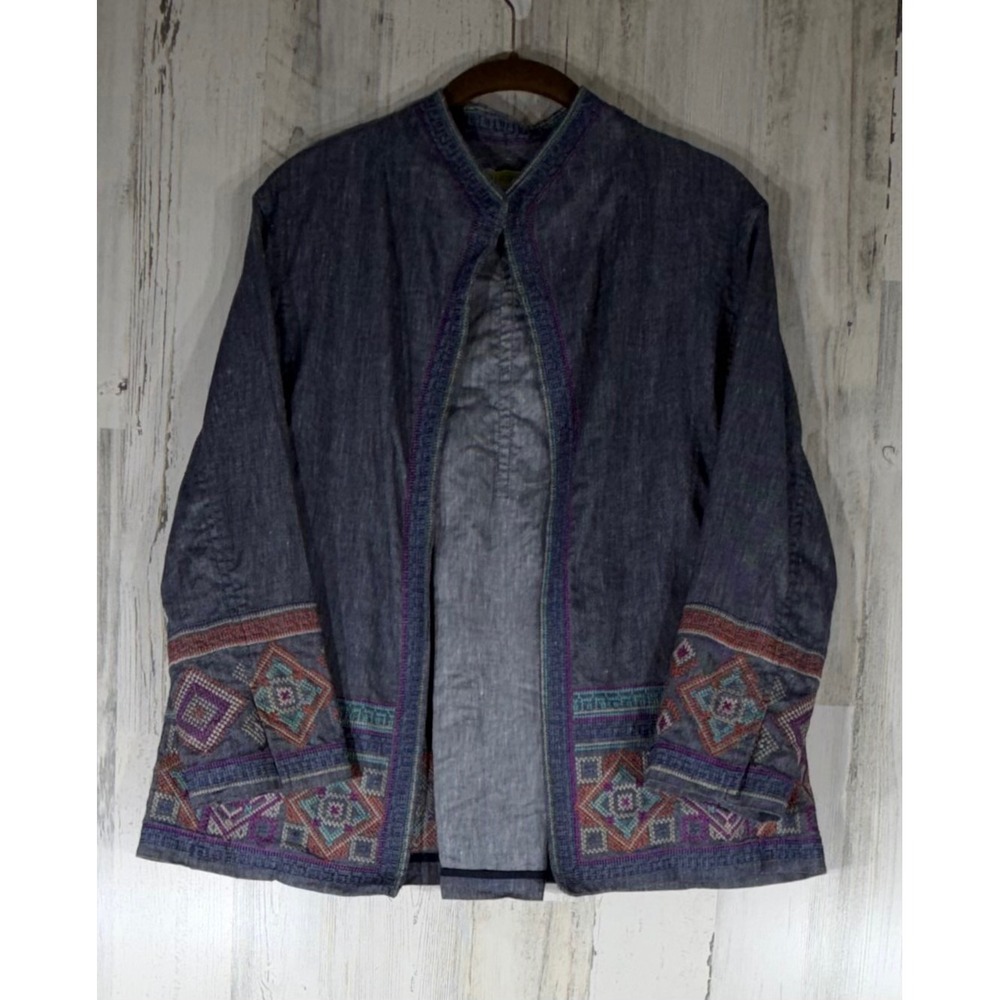 Sigrid Olsen Signature Jacket Small Blue Linen Blend Embroidered Open Front Boho